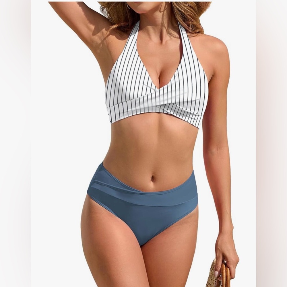 Nautical Striped Halter Bikini Set - White and Blue